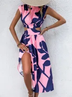 Round Neck Short Sleeve High Waist Plant Flower Print Women Dress - Pink