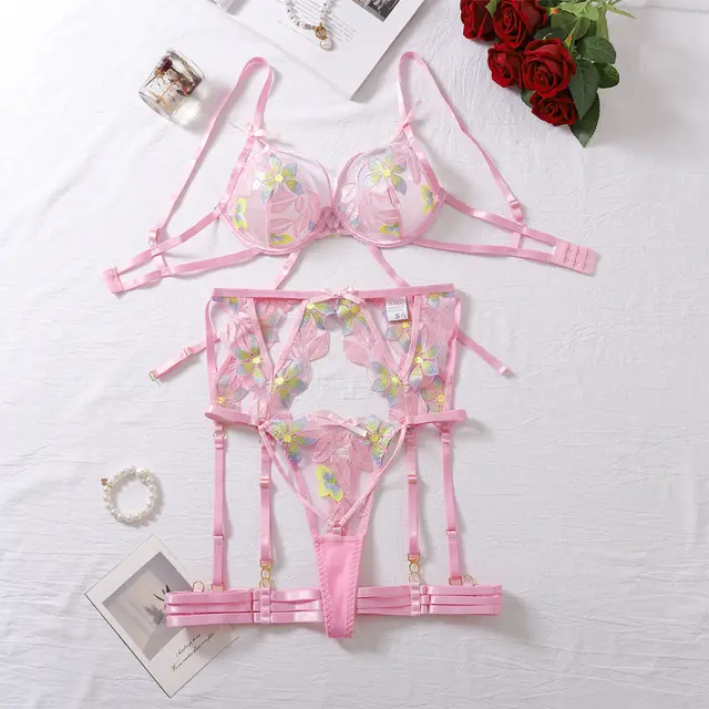 Embroidery Push Up Sexy Cutout Bra Set Blue And Pink - Shop at LoveMi