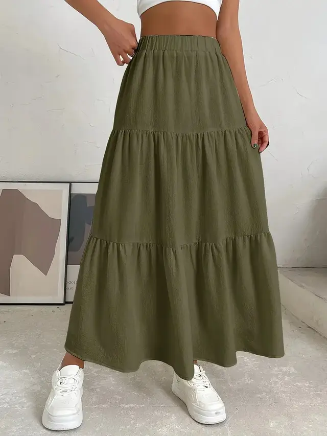 European And American Style Women Summer Bohemian Pleated Layered Long Skirt Green - Shop at LoveMi