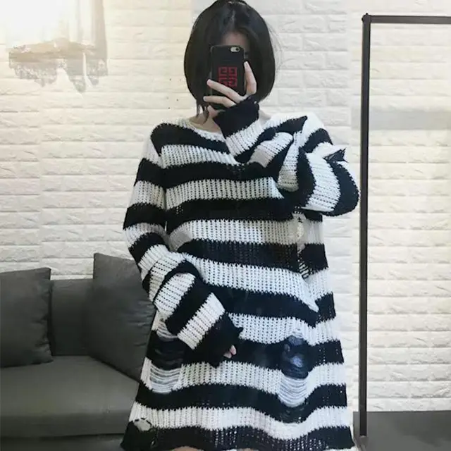 Mid length Punk Dark All match European And American Ripped Ripped Sweater Black And White - Shop at LoveMi