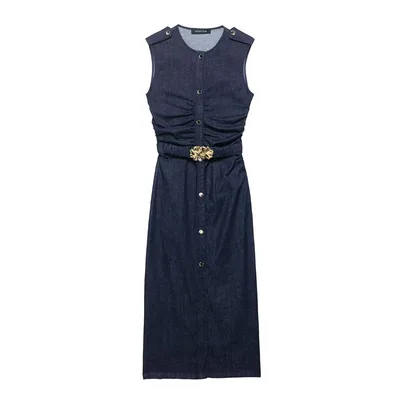 Women's Fashion Denim Midi Skirt Sleeveless Dress Picture Color L - Shop at LoveMi