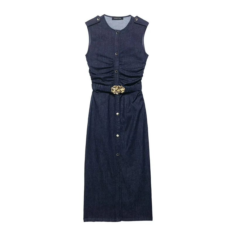 Women's Fashion Denim Midi Skirt Sleeveless Dress - Picture Color-M - View 1