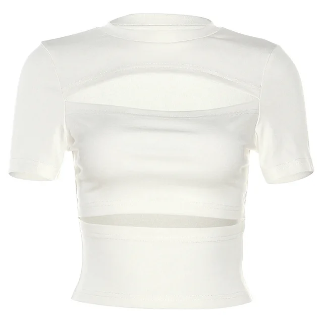 European And American Style Spring Solid Color Slim Fit Midriff baring Street Fashion Round Neck Short Sleeves White - Shop at LoveMi