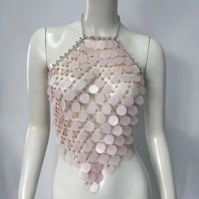 Fishnet Rhinestone Halter Spaghetti Straps Sequined Top Skin Color - Shop at LoveMi