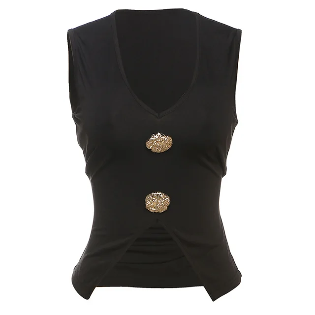 European And American Elegant Metal Fastener Decoration V neck Sexy Cropped Tank Top Black - Shop at LoveMi