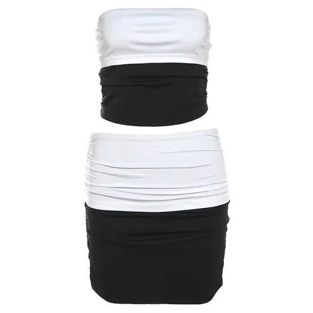 European And American Contrast Color Fashion Design Street Tube Top Sexy Backless Slim Fit High Waist Suit Black - Shop at LoveMi