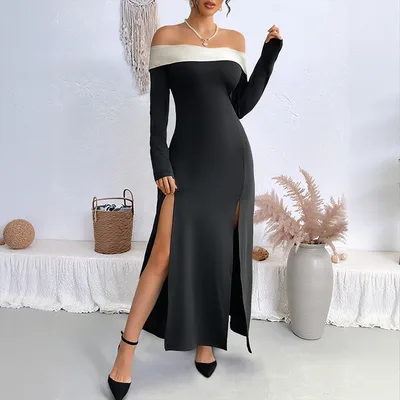 Female One Shoulder Patchwork Slim Long Dress Black - Shop at LoveMi