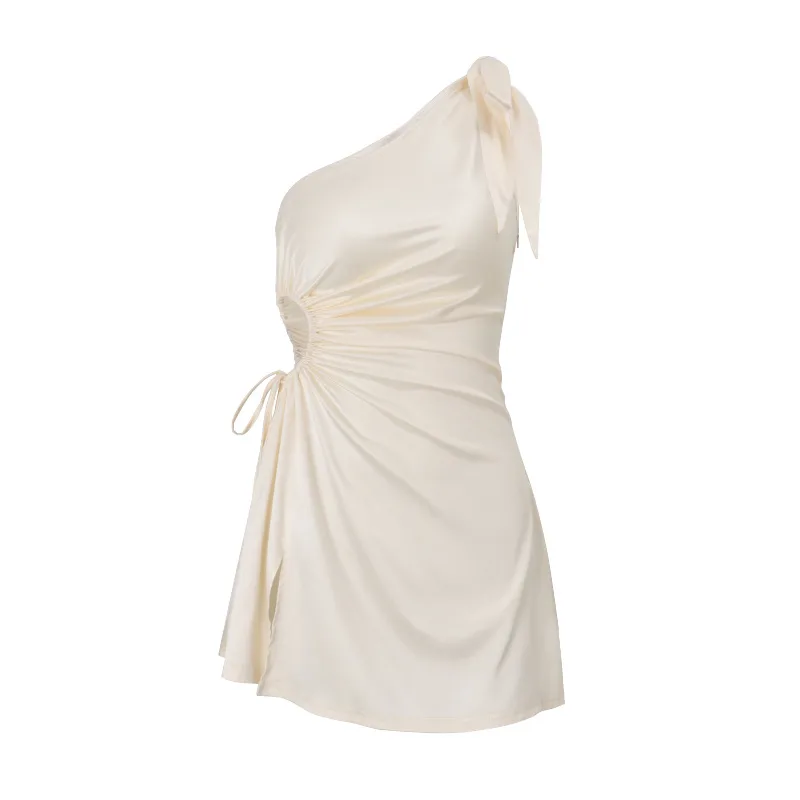 French Style Crossbody Bow Waist Slit Temperament Pure Colour Dress - Apricot European Code - View 1
