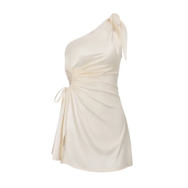 French Style Crossbody Bow Waist Slit Temperament Pure Color Dress Apricot European Code - Shop at LoveMi