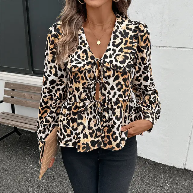 Leopard Print Chest Lace up Doll Collar Blouse Brown - Shop at LoveMi