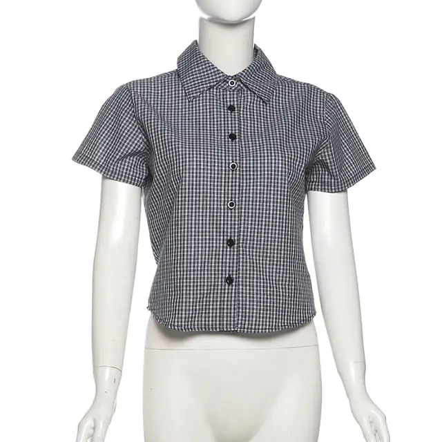 Fashion Plaid Printed Lapel Single Breasted Slim Fit Waist controlled Top Women Gray - Shop at LoveMi