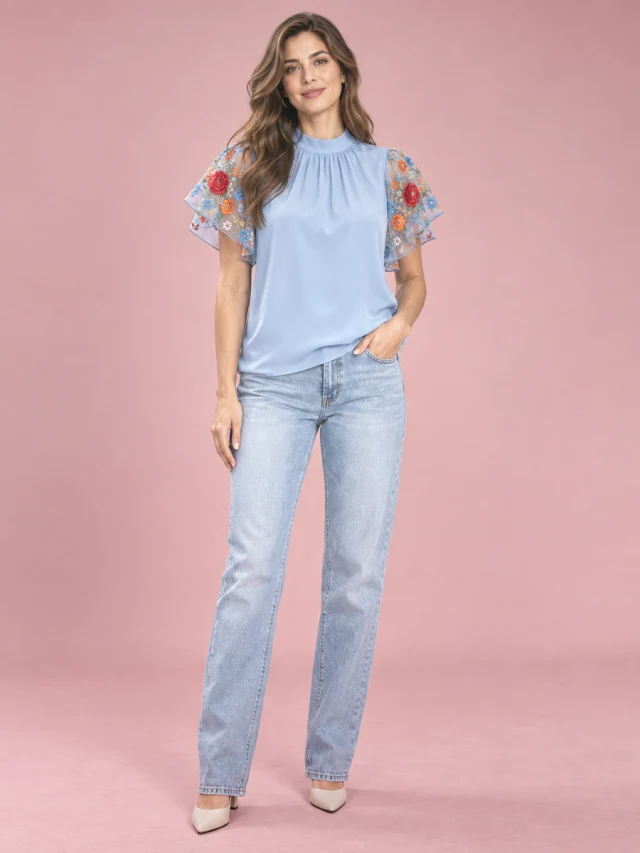 Embroidered Mesh Stitching Short sleeved Shirt Blue - Shop at LoveMi