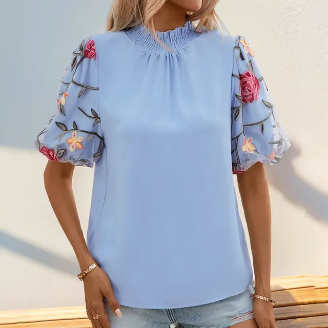 Embroidered Mesh Stitching Short sleeved Shirt Blue - Shop at LoveMi