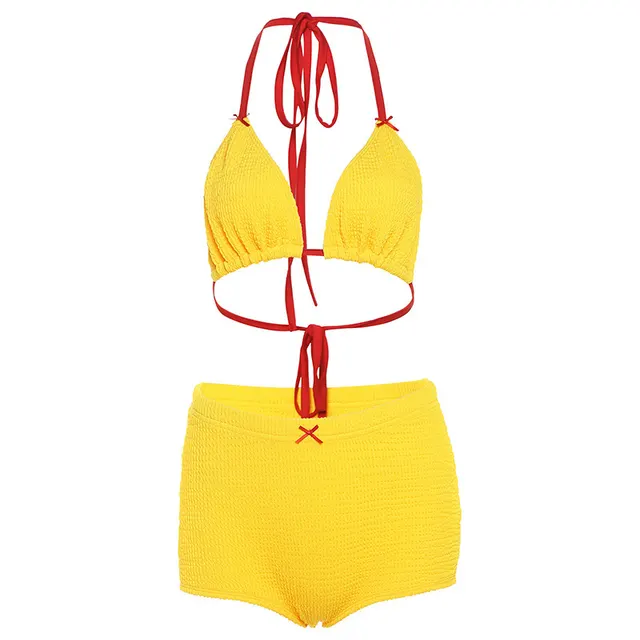 Sexy Seaside Vacation Style Contrast Color Halterneck Vest Versatile Shorts Suit Women Yellow - Shop at LoveMi