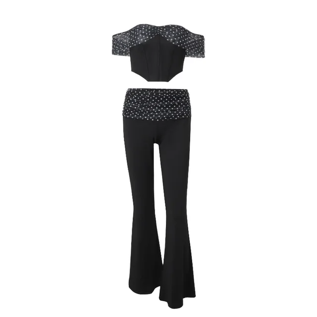 Retro Off the shoulder Top Low Waist Slim Flare Pants Suit Black - Shop at LoveMi