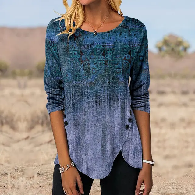 3D Digital Retro Printed Button Irregular Hem Round Neck Long Sleeve Inktx028 - Shop at LoveMi