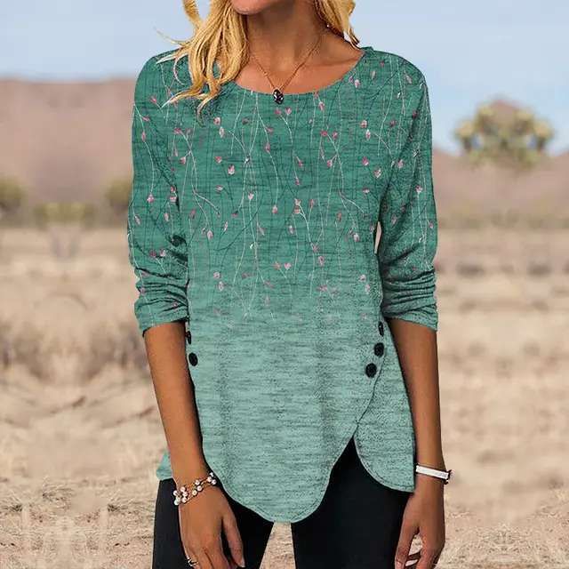 3D Digital Retro Printed Button Irregular Hem Round Neck Long Sleeve Inktx038 - Shop at LoveMi