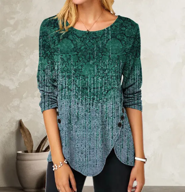 3D Digital Retro Printed Button Irregular Hem Round Neck Long Sleeve Inktx0712 - Shop at LoveMi