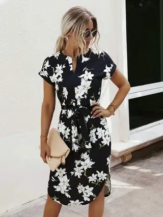 Printed Lace-up Side Split Female Dress - Black