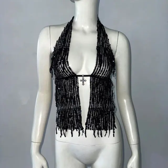 Halterneck With Suspenders Top Sequined Lace up Tight Vest Black - Shop at LoveMi