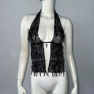 Halterneck With Suspenders Top Sequined Lace-up Tight Vest - Black