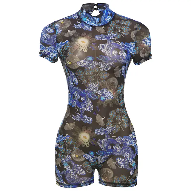 Print See through Slim fit Sexy Backless Jumpsuit Blue - Shop at LoveMi