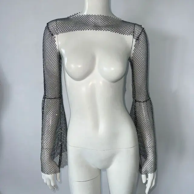 Top Stretch Rhinestone Fishnet Blouse Sling Black - Shop at LoveMi