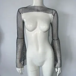 Top Stretch Rhinestone Fishnet Blouse Sling - Black