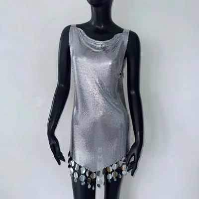 Sequins Dress Metal Stitching Vest Split Silver Grey - Shop at LoveMi