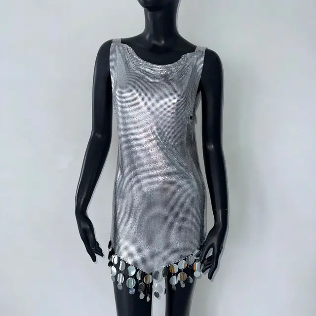 Sequins Dress Metal Stitching Vest Split Silver Grey - Shop at LoveMi