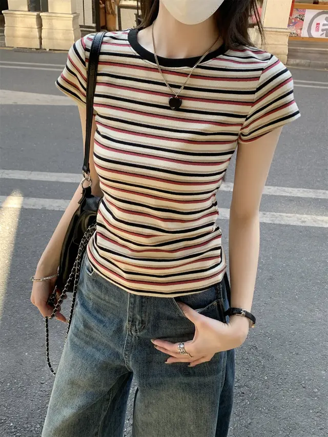 Contrast Color Striped Round Neck Short Sleeve Women's Shoulder Top Red Stripes - Shop at LoveMi