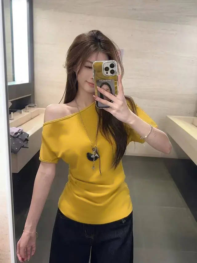 Women's Short sleeved T shirt Off the shoulder Fitted Waist Top Yellow - Shop at LoveMi