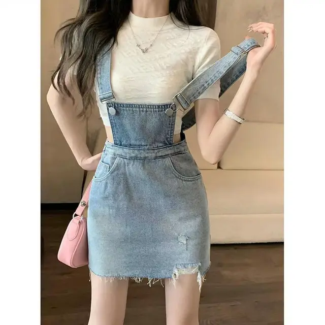 Blue Denim Suspender Skirt Dress Temperament Design Sense Blue - Shop at LoveMi