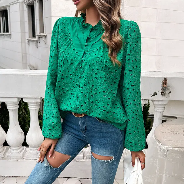 Temperament Leisure Ripped Polo Puff Sleeve Cardigan Button Long Sleeve Top Grass Green - Shop at LoveMi