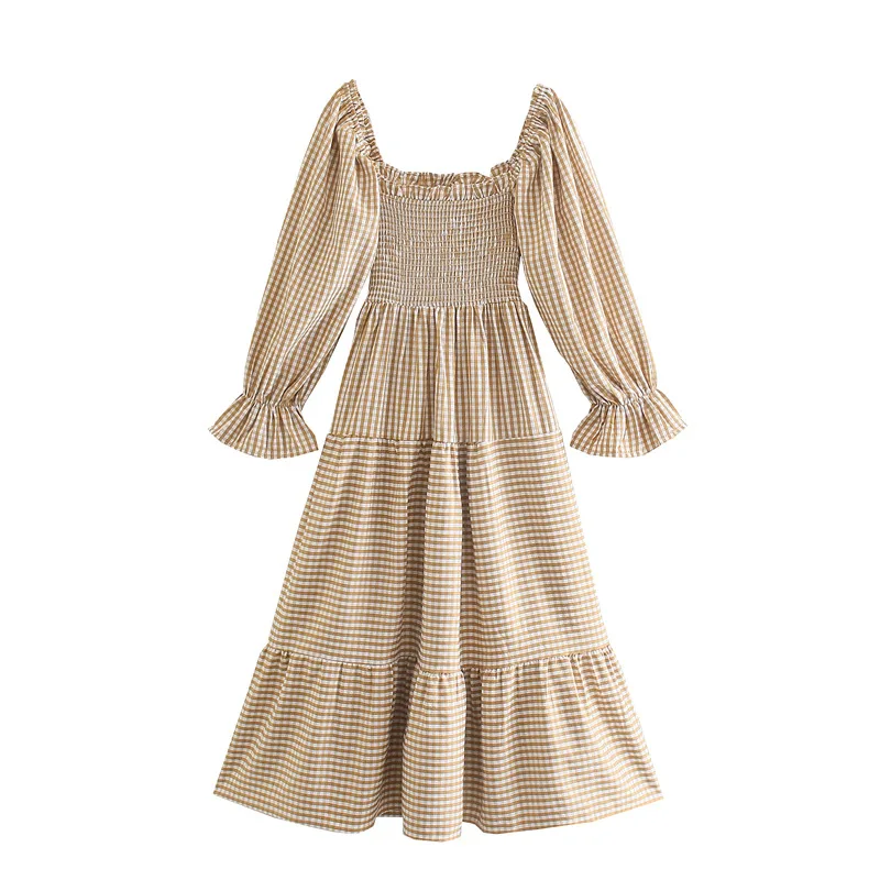 Female Leisure Khaki Plaid Elastic Flowy Dress - Khaki - View 1