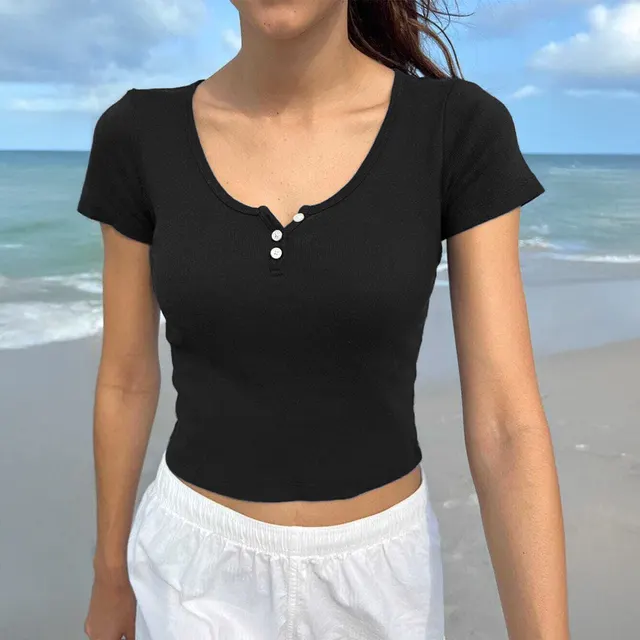 Y2g Waist tight Thread Collar Decorated With Buttons Short sleeved Top T shirt Black - Shop at LoveMi