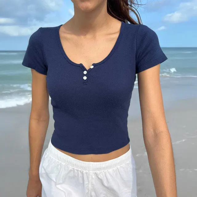Y2g Waist tight Thread Collar Decorated With Buttons Short sleeved Top T shirt Navy Blue - Shop at LoveMi