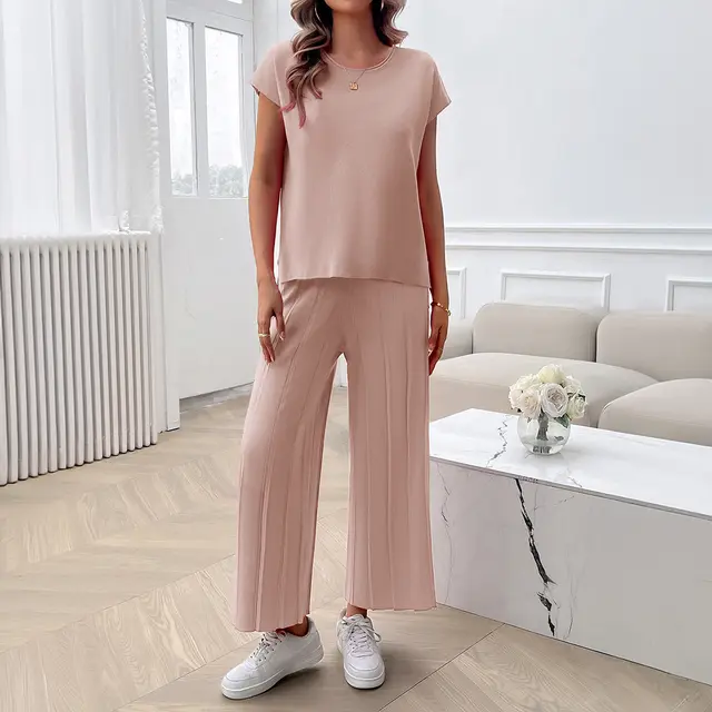 Simple Casual Style Solid Color Top Wide Leg Sweater Suit Cherry Pink - Shop at LoveMi