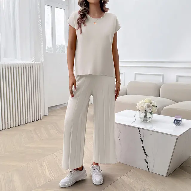 Simple Casual Style Solid Color Top Wide Leg Sweater Suit Ivory White - Shop at LoveMi
