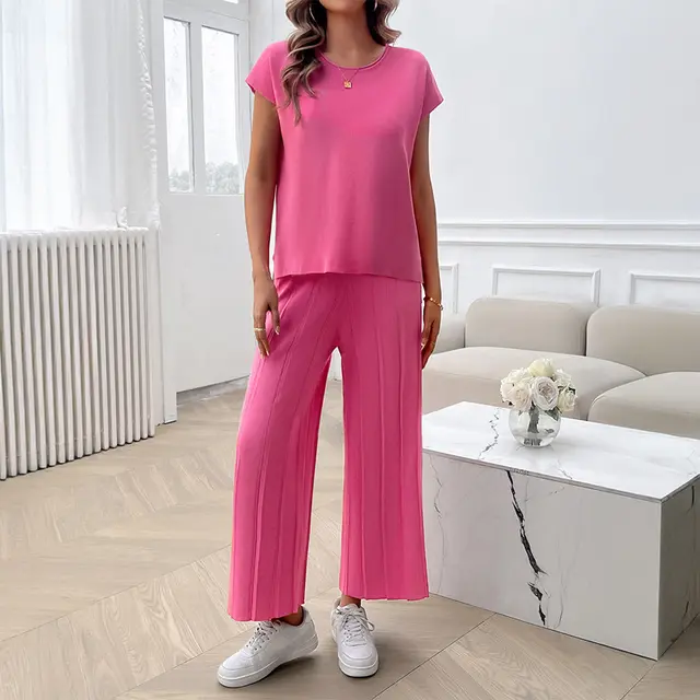 Simple Casual Style Solid Color Top Wide Leg Sweater Suit Pink - Shop at LoveMi