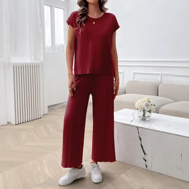 Simple Casual Style Solid Color Top Wide Leg Sweater Suit Wine Red - Shop at LoveMi