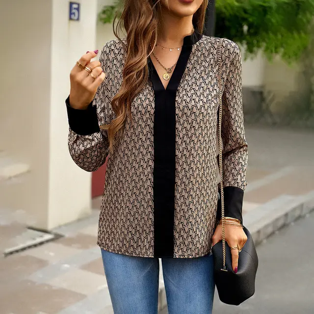 Printed V neck Shirt Women's Long sleeved Top Brown - Shop at LoveMi