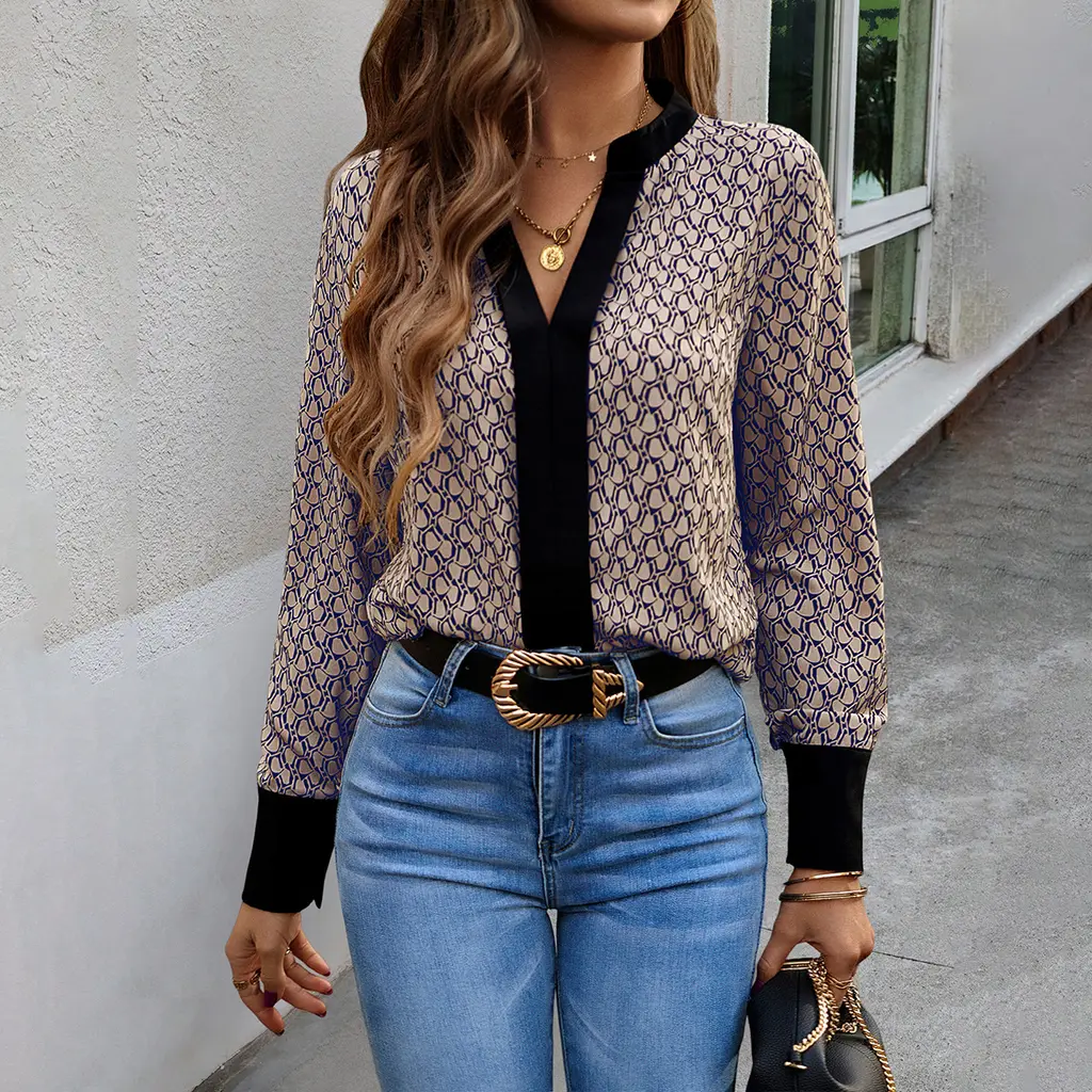 Printed V-neck Shirt Women's Long-sleeved Top - Navy Blue