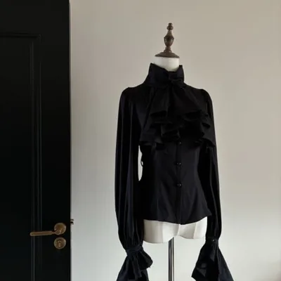 Retro Design Top Long Sleeve Shirt Gothic Style Long Sleeve Ruffled Shirt Black - Shop at LoveMi