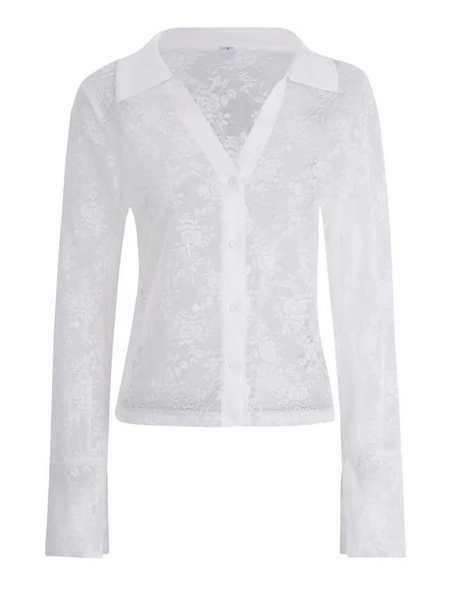 V Style Hollow Lace Cardigan Long Sleeve Top Women's Clothing White - Shop at LoveMi