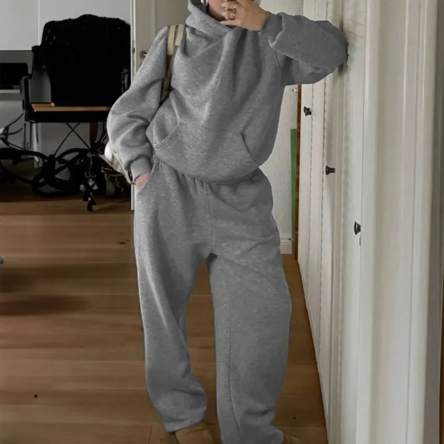 Casual Loose And Warm Inner Velvet Hooded Sweatshirt And Sweatpants Two piece Set Gray - Shop at LoveMi