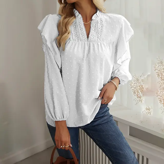 Spring And Summer Ruffled Lantern Sleeves Lace Stitching Coat White - Shop at LoveMi