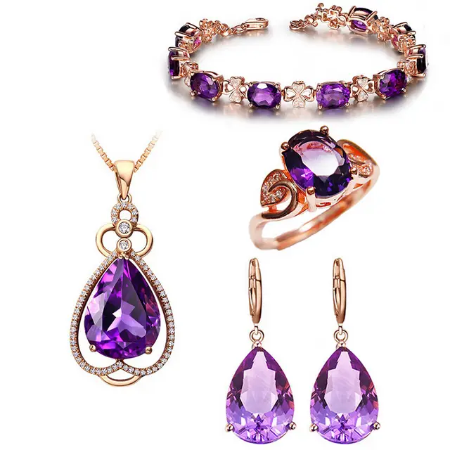 Quality Ear Hook Purple Gemstone Diamond Ring Rose Gold Collarbone Necklace Set Four Pcs - Shop at LoveMi