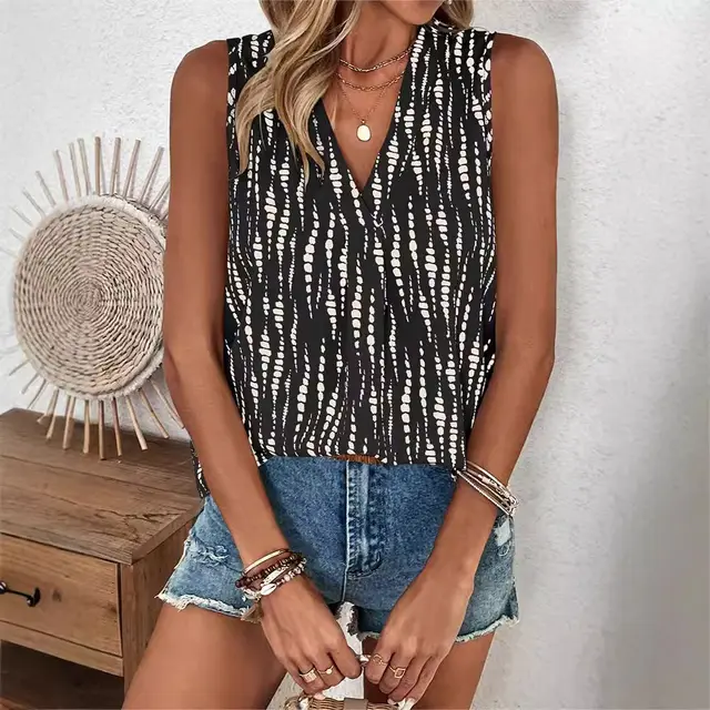 Sleeveless V neck Printed Blouse Women's Tops Black Background - Shop at LoveMi