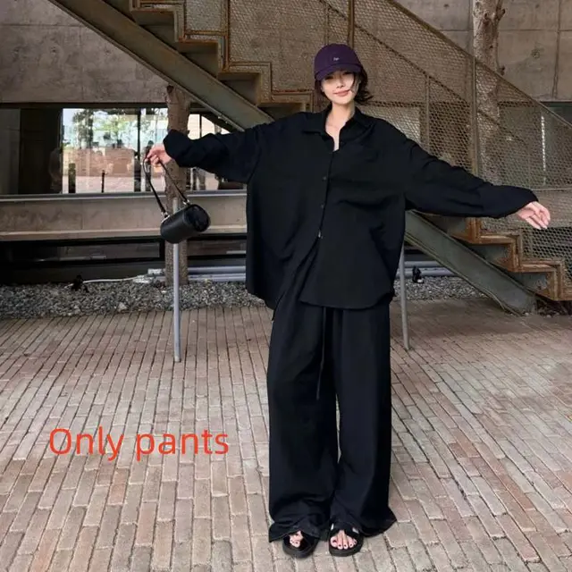 Elegant Polo Collar Shirt Top Loose Feeling Suit Female Autumn Leisure Wide leg Pants Black Pants - Shop at LoveMi